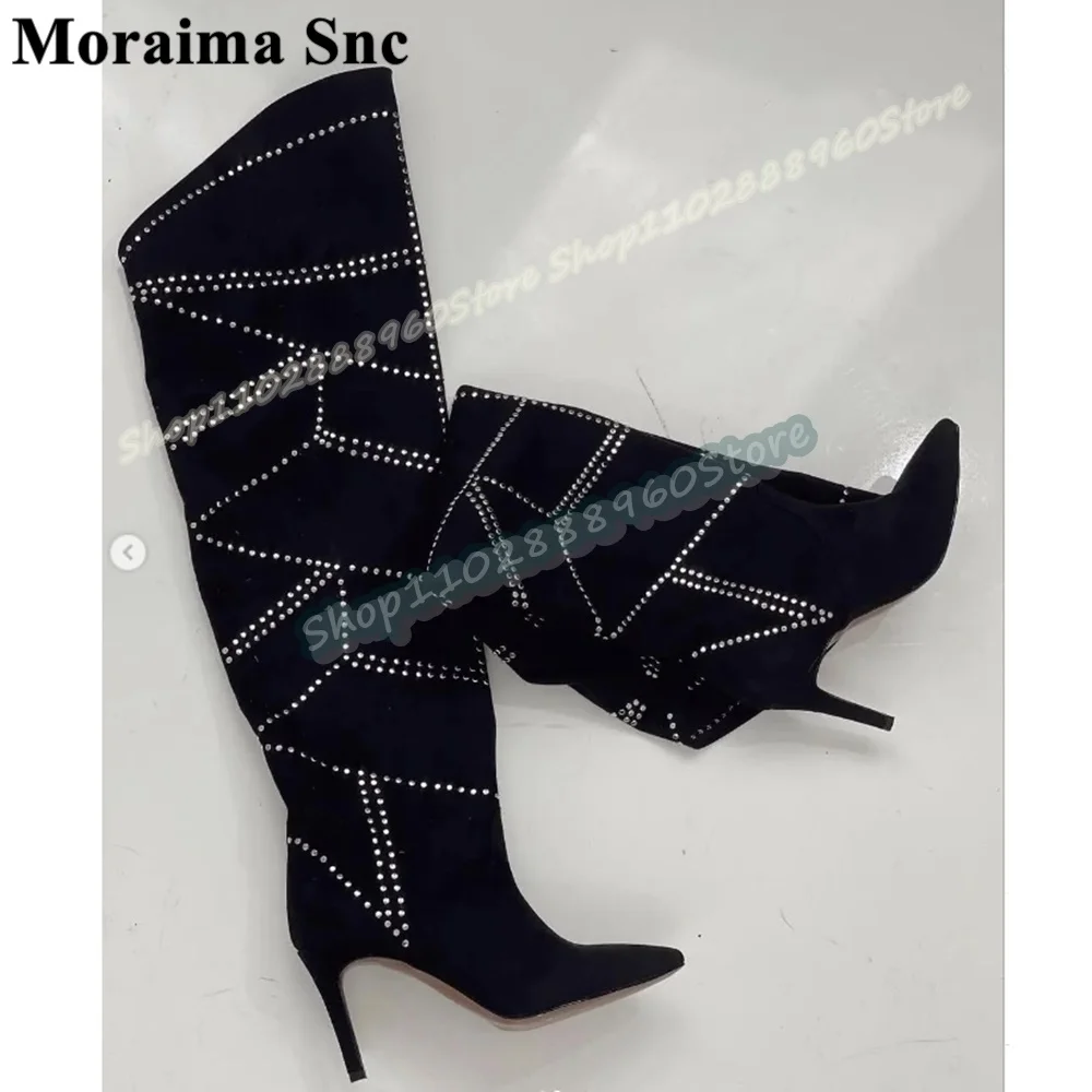 Botas biseladas con cristales aterciopelados negros por encima de la rodilla de talla grande, zapatos de tacón alto con tacones de aguja para mujer, botas informales sin cordones con punta estrecha