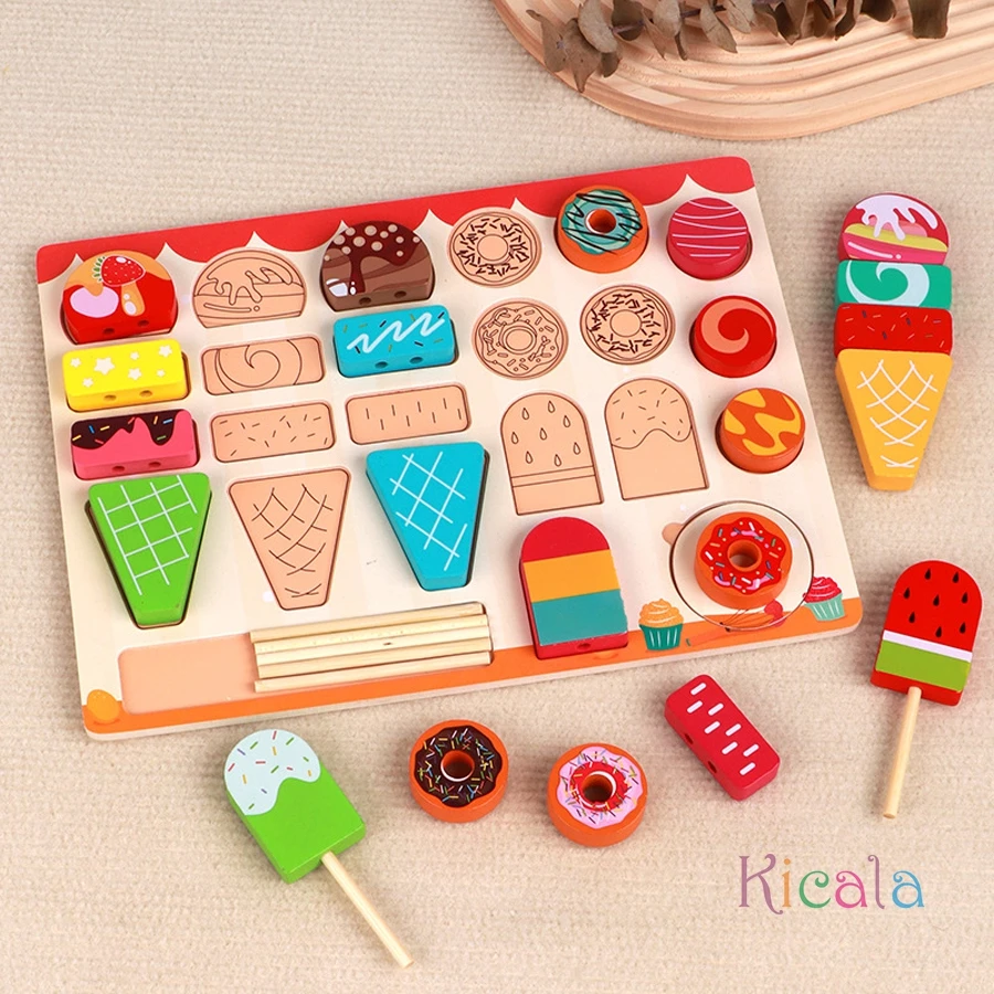 Montessori de madeira fingir jogar brinquedos de cozinha sobremesa quebra-cabeça brinquedos de sorvete de madeira pai-filho jogos de tabuleiro interativos