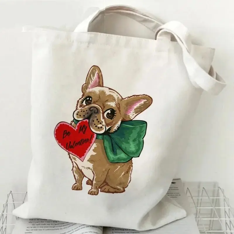 French Bulldog Funny Cartoon Shoulder Bags Fashion Tote Handbags Canvas Girl Environmental Large Capacity Portable Shopping Bag