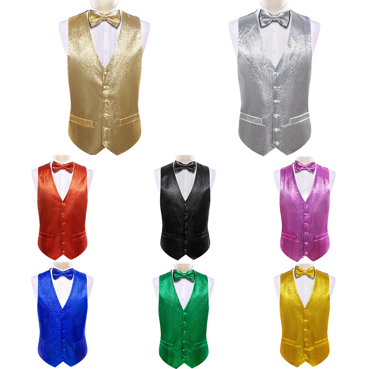 

Mens Vest Gold Silver Red Black Pink Blue Green Yellow Solid Solid Shine Silk V-Neck Waistcoat Bowtie Set Barry Wang