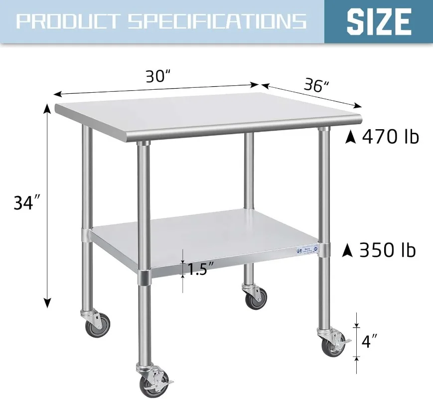 Stainless Steel Table for Prep & Work with Caster Wheels,  Commercial Heavy Duty Table with Undershelf and Galvanized Legs