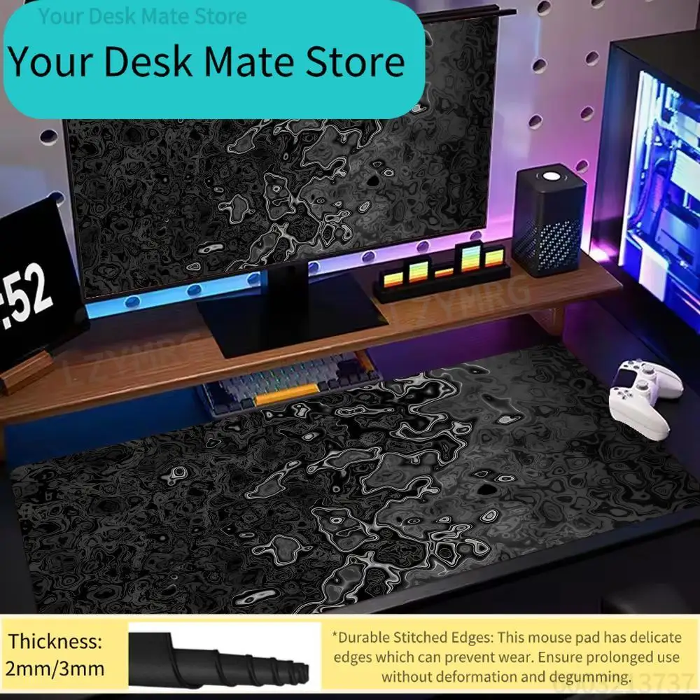 

1 Large Black Marble Swirl Printed Non-Slip Stitched Edge Desk Mat for Gaming Office Home