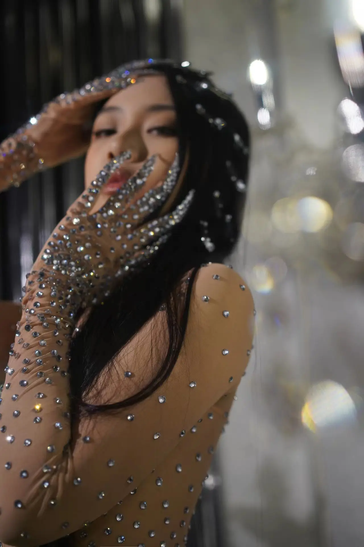 섹시 메쉬 라운드넥 핫 다이아몬드 시스루 긴팔 바디수트 여성용