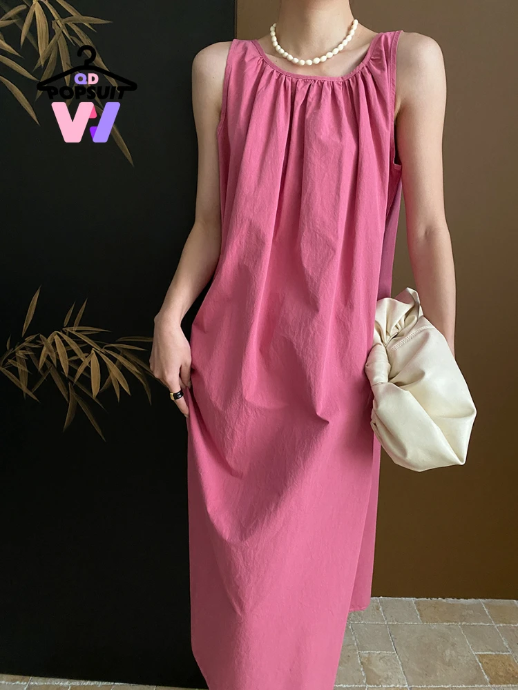 New Spring Summer Women's Dress Peach Pink Holiday Style Loose Sleeveless Fashionable Casual A-line Long Skirt Women's Clothing