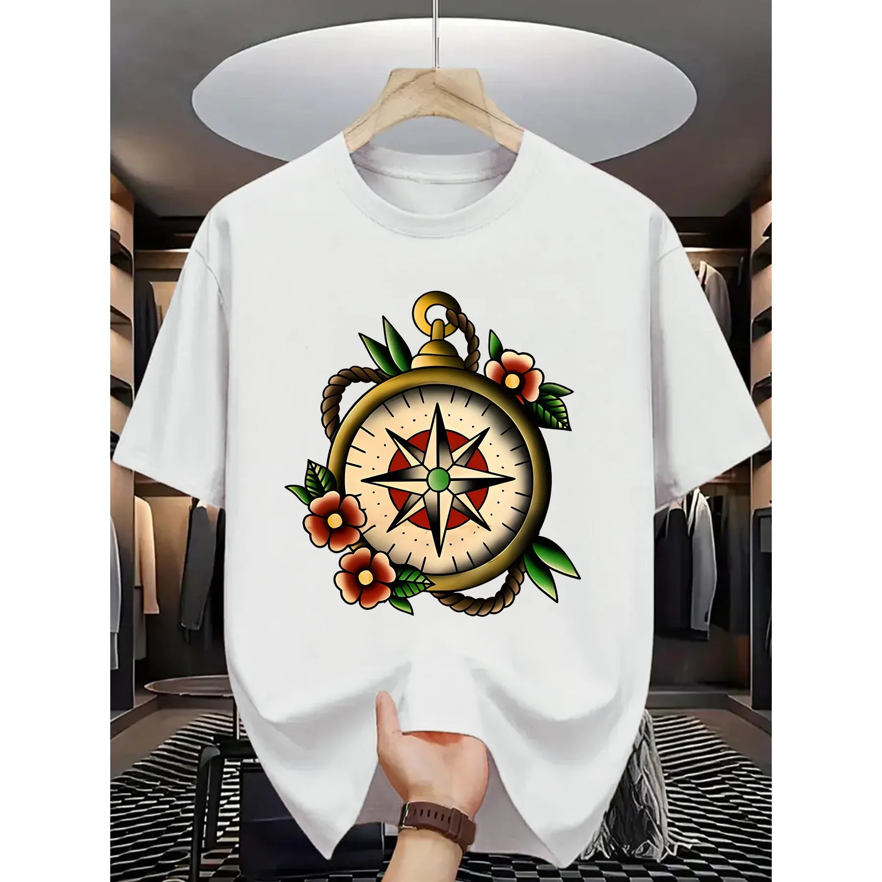 Sailor Compass Tattoo Graphic Tee Men's Casual Cotton Short Sleeve T-Shirt Breathable Daily Wear