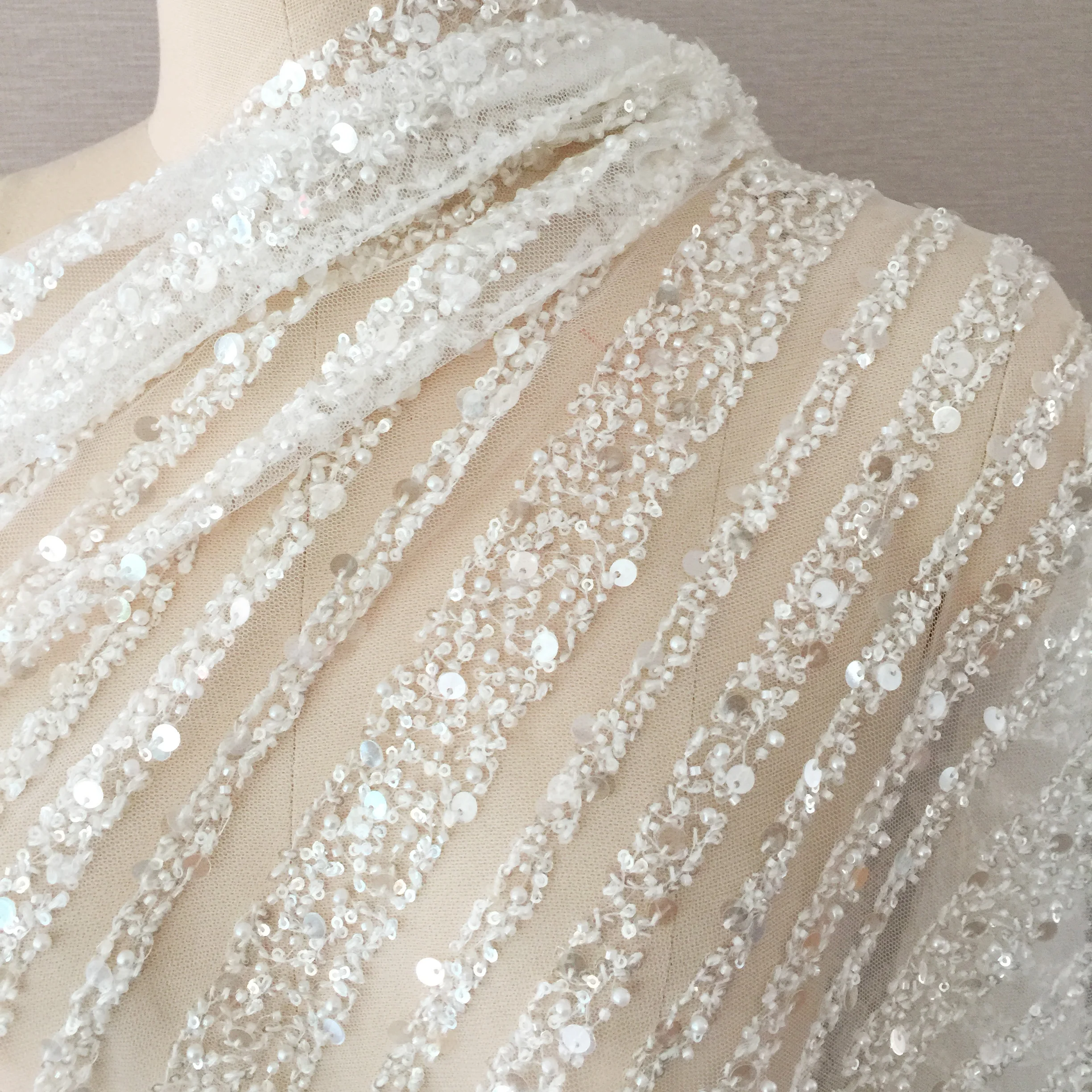 Bridal Lace Fabric Stripes, Luxury Beaded Sequin Wedding Dress, Advanced Custom-made Sewing Fabric, RS4086