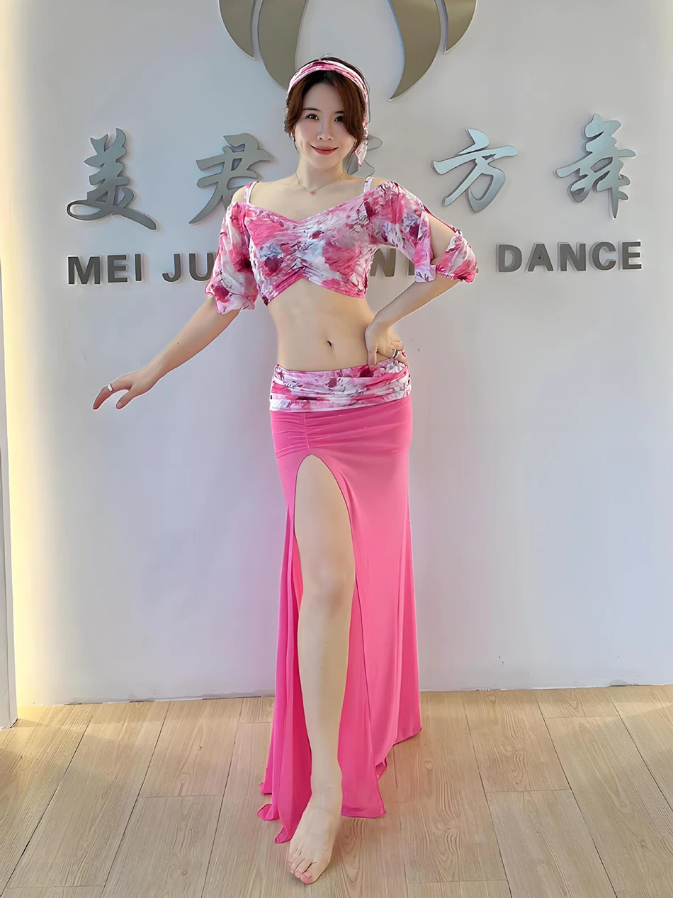 Conjunto de ropa de práctica de danza del vientre para mujer adulta, Top y falda Sexy, trajes de actuación en escenario, 2 piezas