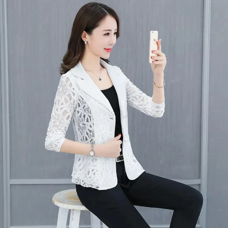 Spring Summer Jacket Womens 2024 Long Sleeve V-neck Office Women Jacket Jacket Black White Hollow Lace Jacket Coat Female