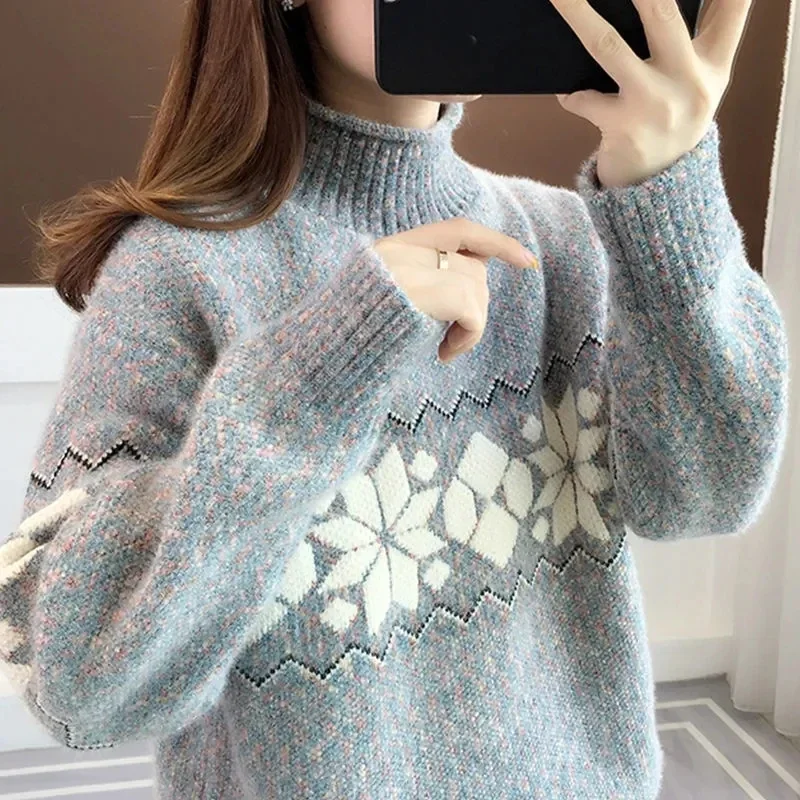 Pop Pop Sweater Women Thick Velvet/No Velvet 2025 Autumn Winter Chenille Half Turtleneck Sweater Women Thick Knit Bottoming Pull