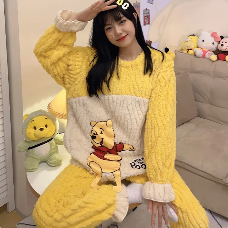 Cartoon Winnie the Pooh pajamas winter new coral fleece fleece thickened flannel cute Disney loungewear women\'s pajamas set