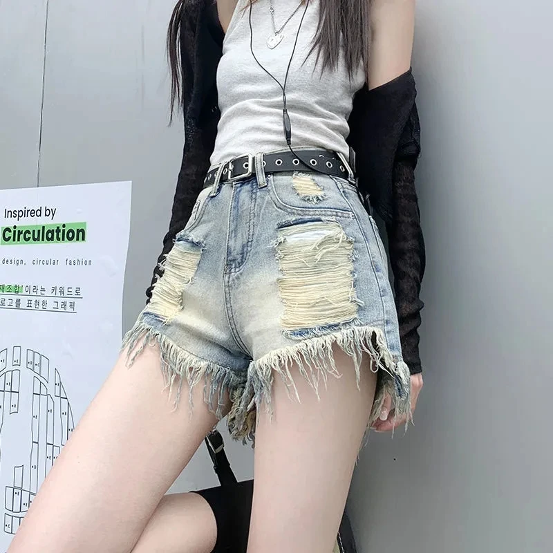 Retro Sexy Denim Shorts Women's Ripped Jeans Summer High Waist Wide Leg Shorts Fashion Leisure High Street A-line Hot Pants NEW