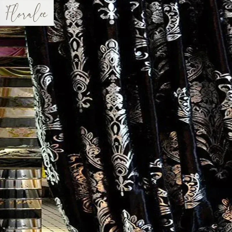 黒とシルバーのヨーロッパスタイルの刺繍遮光高級チュールカーテンリビングルームベッドルームヴィラハイエンドカスタマイズ