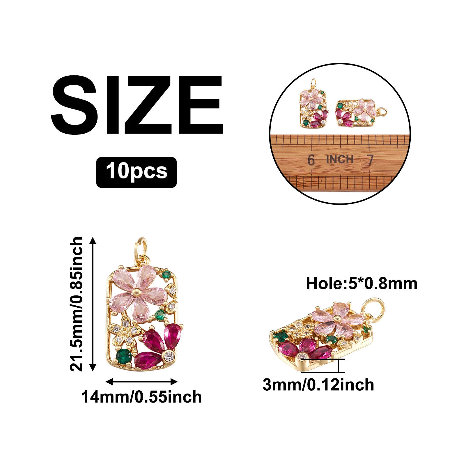 Pandahall 10pcs Pink Flower Brass Micro Pave Cubic Zirconia Pendants Charms with Jump Rings For Necklace Jewelry Making Gift