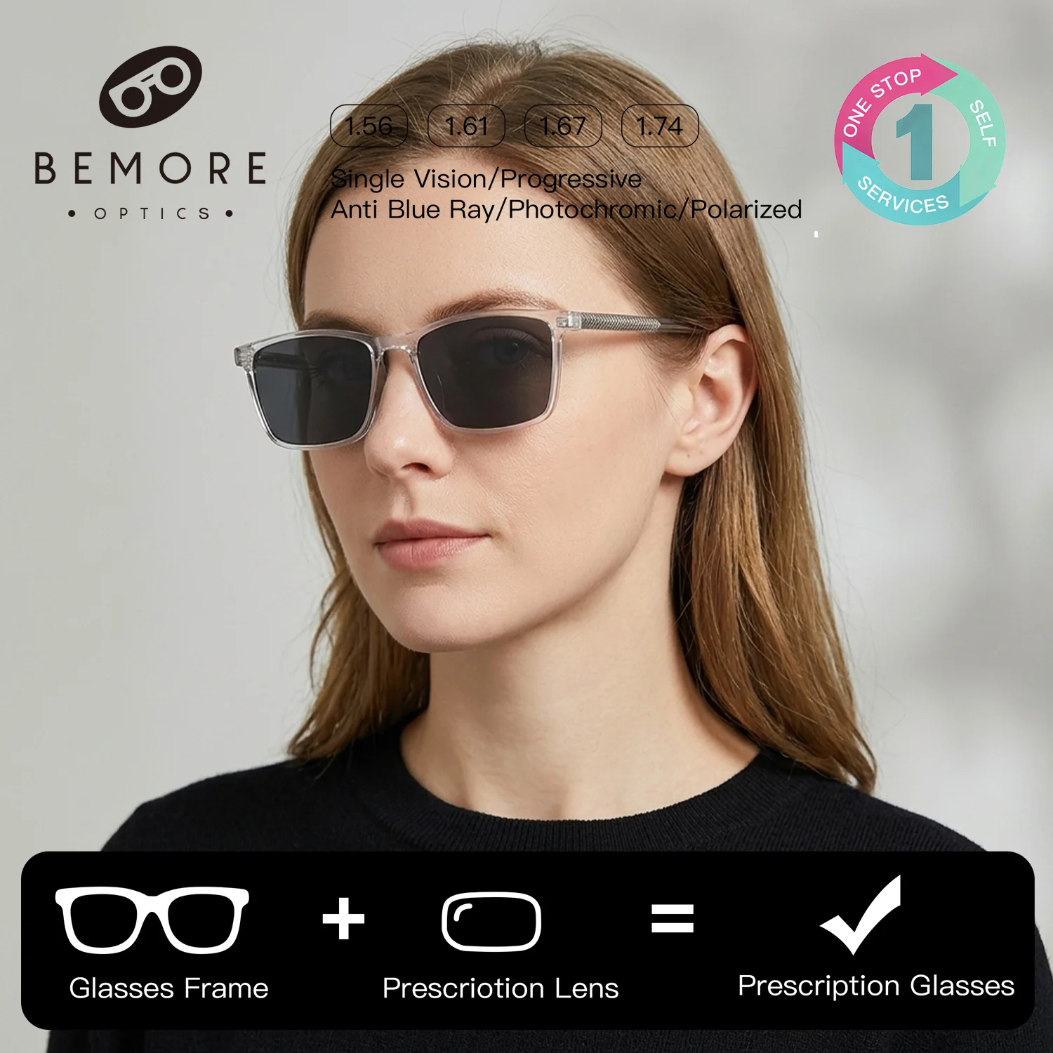 BEMORE Rectangle Clip on Prescription Glasses Women Acetate Polarized UV400 Magnetic Presbyopic Multifocal Optical Eyeglasses