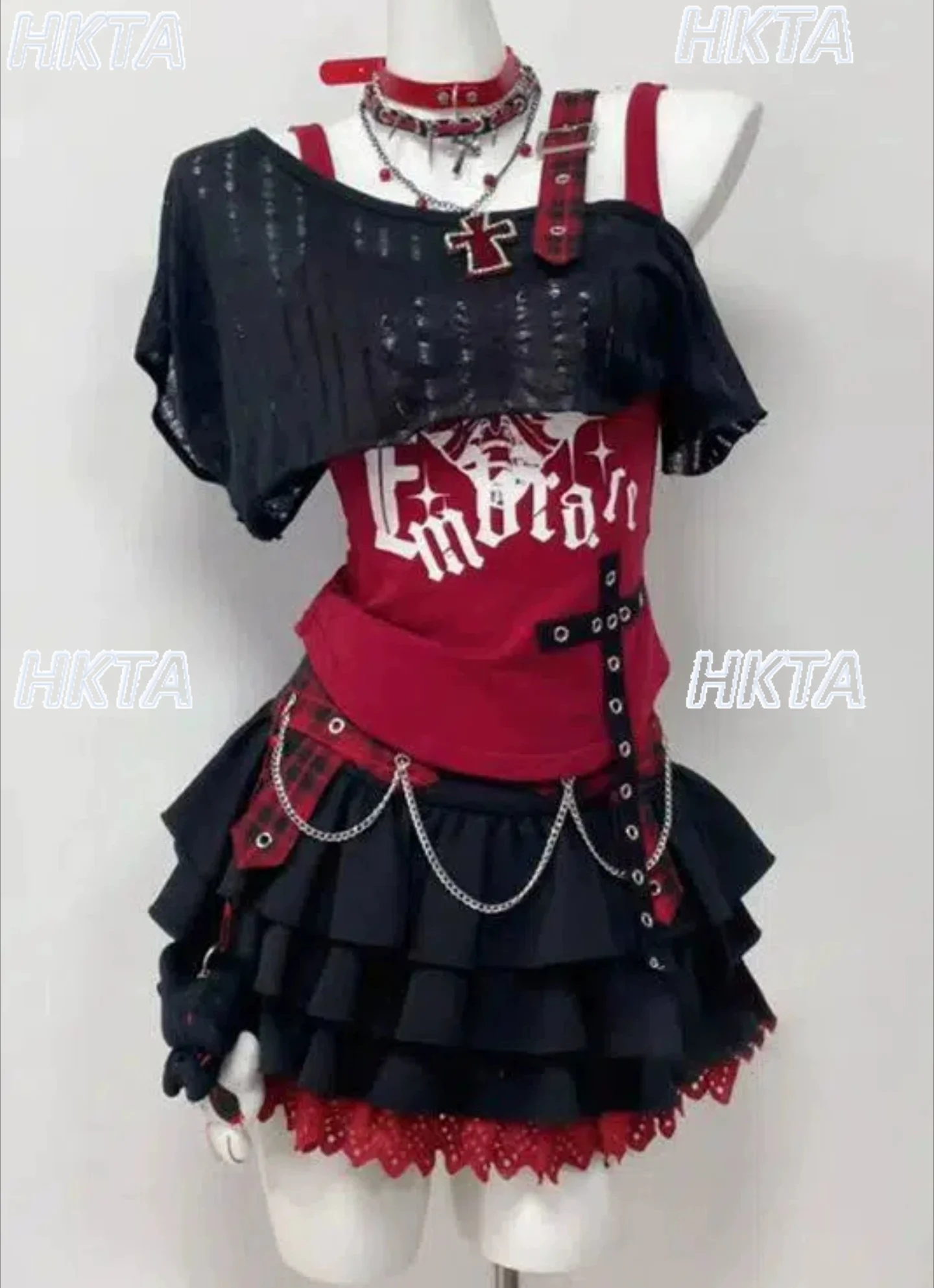 Dark Subculture Gothic Personality Summer Sweet Cool Alphabet Print Vest Top Hot Girl Cardigan Lace Cascade Cake Skirt Set Women
