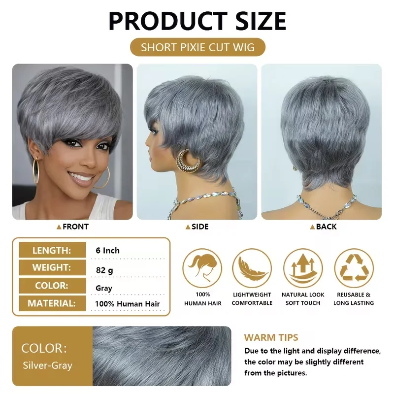 Pixie Cut Grey Wig with Bangs for Daily Wear