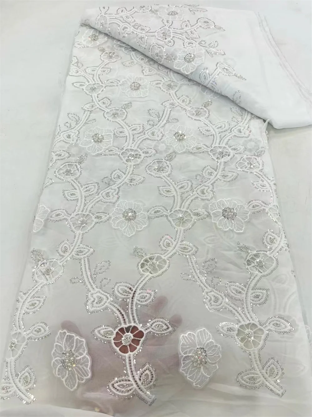 

White Chiffon Embroidered High Quality Tulle Lace Fabric For Sewing Cotton Chiffon African Nigerian Wedding Party Dress A230-2