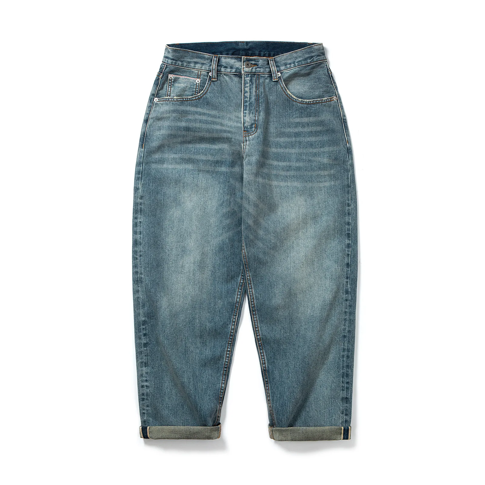 

13.4oz Red Selvedge Denim Jeans for Men Loose Fit Deep Rise Heavy Wash Slightly Tapered Straight Leg Basic Pants