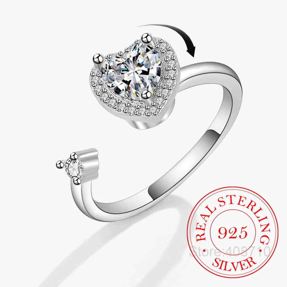 

925 Sterling Silver Simple Zircon Crystal Heart Spin Finger Rings For Women Wedding Engagement Party Charm Jewelry