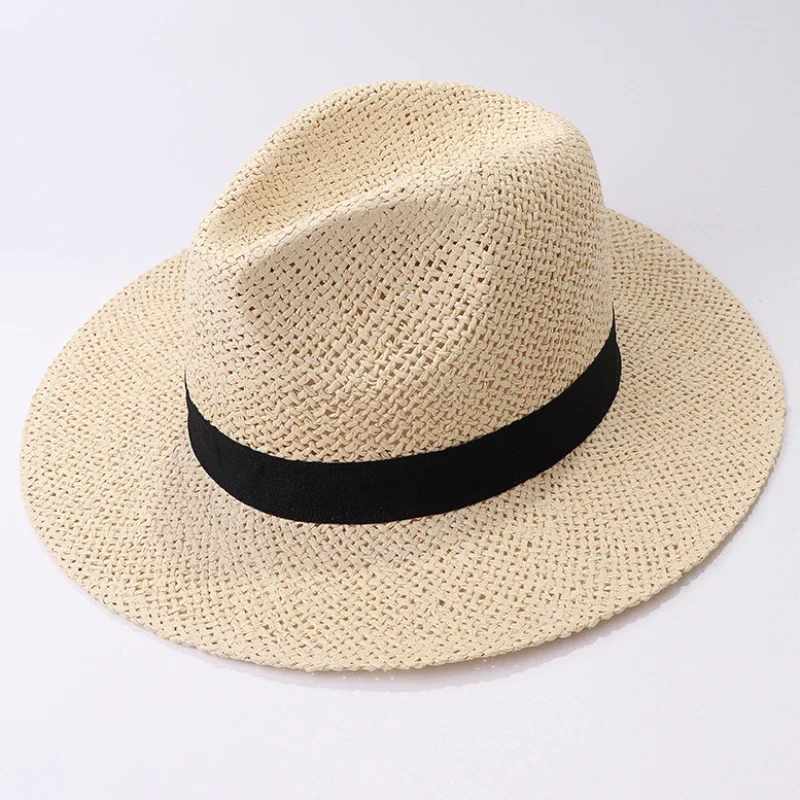 Fedoras Black Band Straw Hat Men Women Wide Brim Summer Hat Male Female Panama Hat Beach Cap Unisex Flat Brim Beach Hat