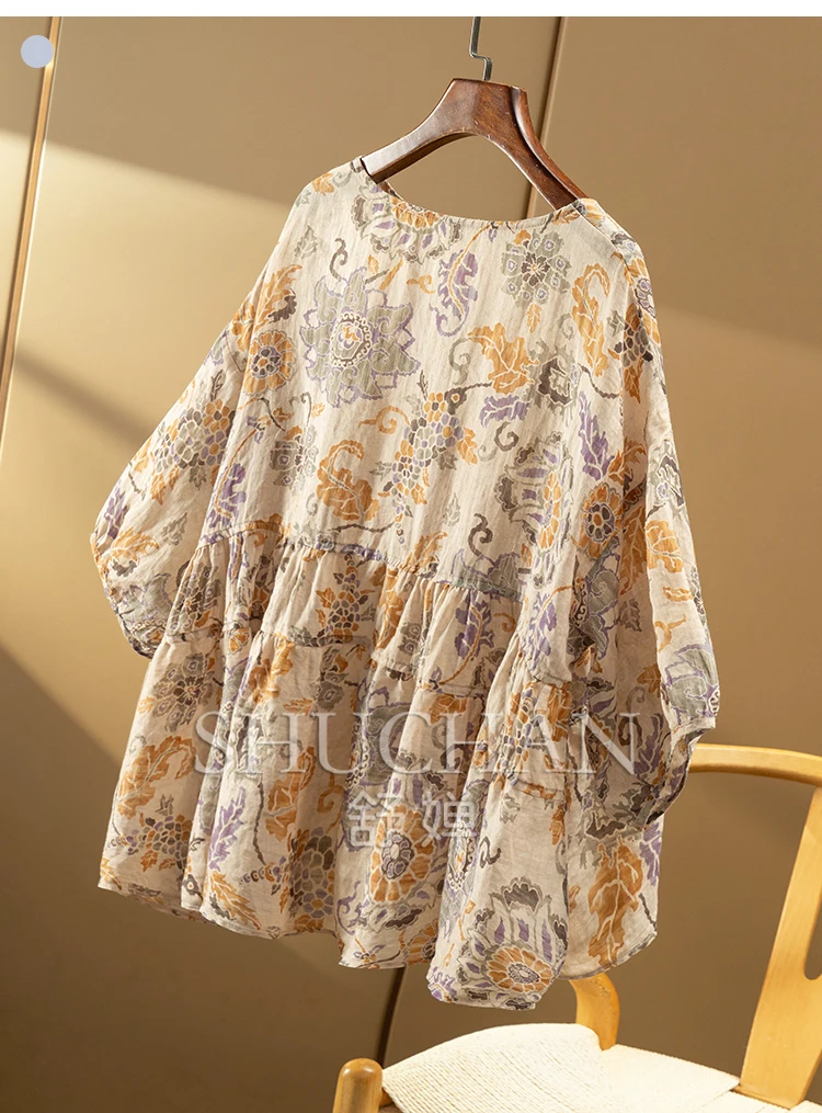 New Flower High Quality 100 Ramie Patchwork Pleated Seven-quarter Sleeve Shirt  Women 9W42