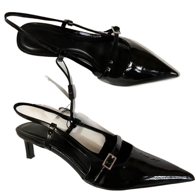 Black High Heel Women 2024 Summer Woman Pumps Pointed Leather Sexy Slingbacks Shallow Mouth Single Shoes For Sandals