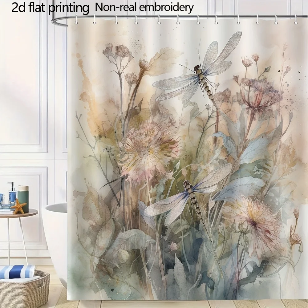 Dragonfly Wildflower Shower Curtain Polyester Easy Clean Durable for Modern Traditional Bathroom Decor Housewarming Wedding Gift