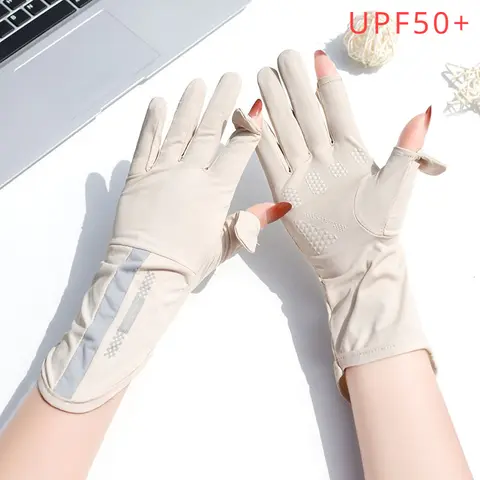 여성 여름 새로운 얇은 얼음 실크 안티 UV 노출 손가락 터치 스크린 미끄럼 방지 중반 긴 통기성 태양 보호 운전 장갑
