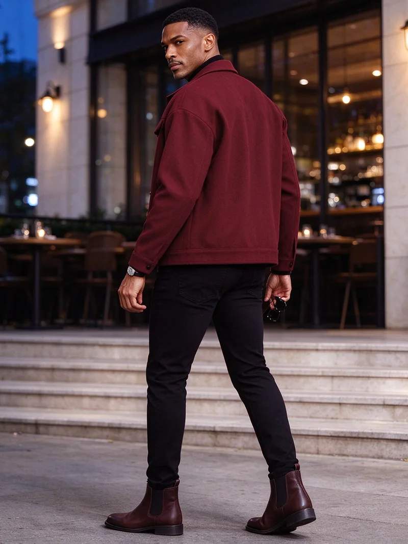 Herren Locker Sitzende Kurze Jacke aus Weichem Gebürstetem Stoff für Herbst und Winter, Business, Alltag, Casual, mit Falscher Dekoration, Brustklappe, Revers, Modische Oberbekleidung – Detail 12