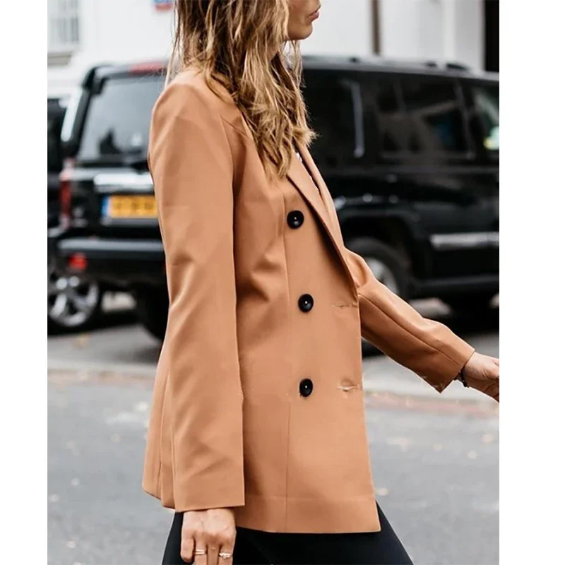 Solid Jackets Black Lapel Long Sleeves Button Office Lady Khaki Business Suits Blazer Winter Women Double Breasted Blazer Coats