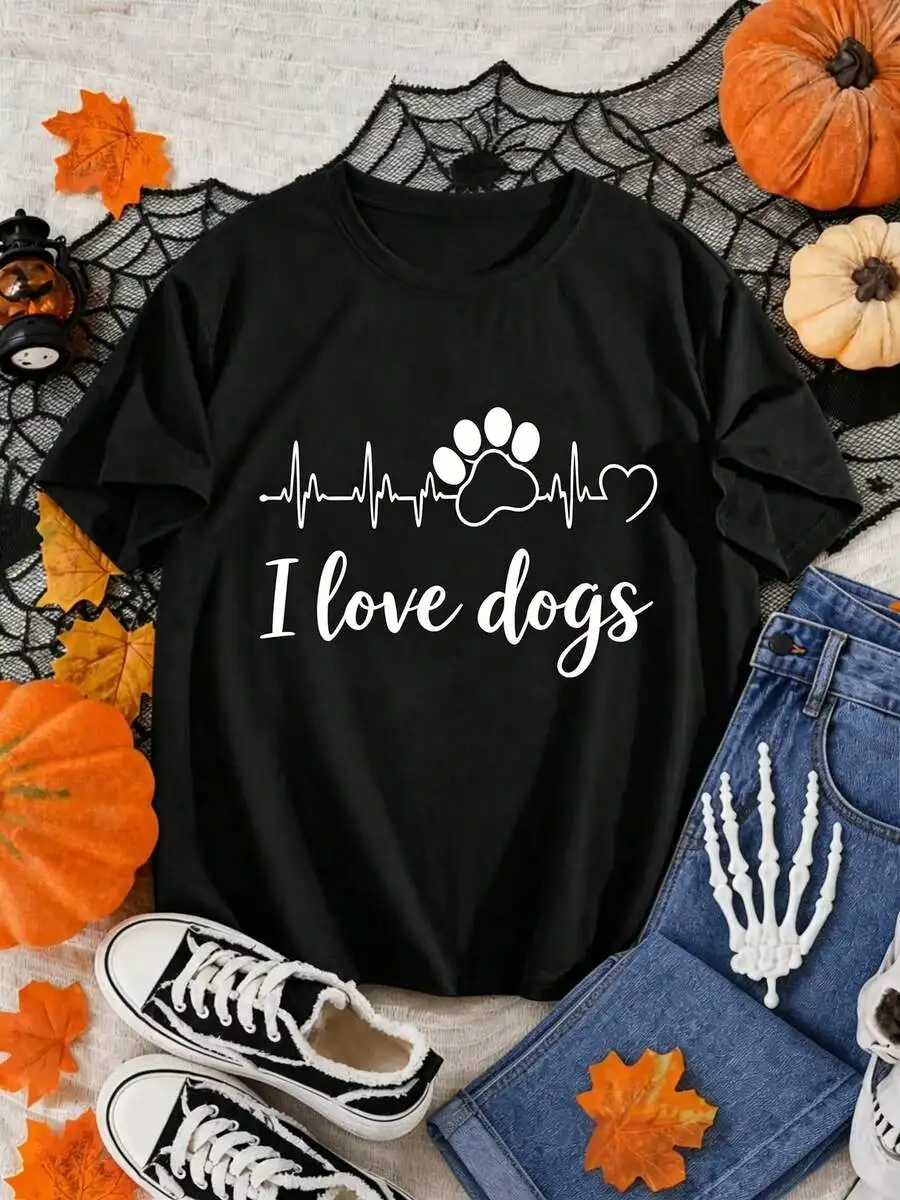 Women Trendy I Love Dogs Paw Print Crewneck Short Sleeve T Shirt Casual Summer Daily Wear For Dog Lovers Everyday Wear Casual Top