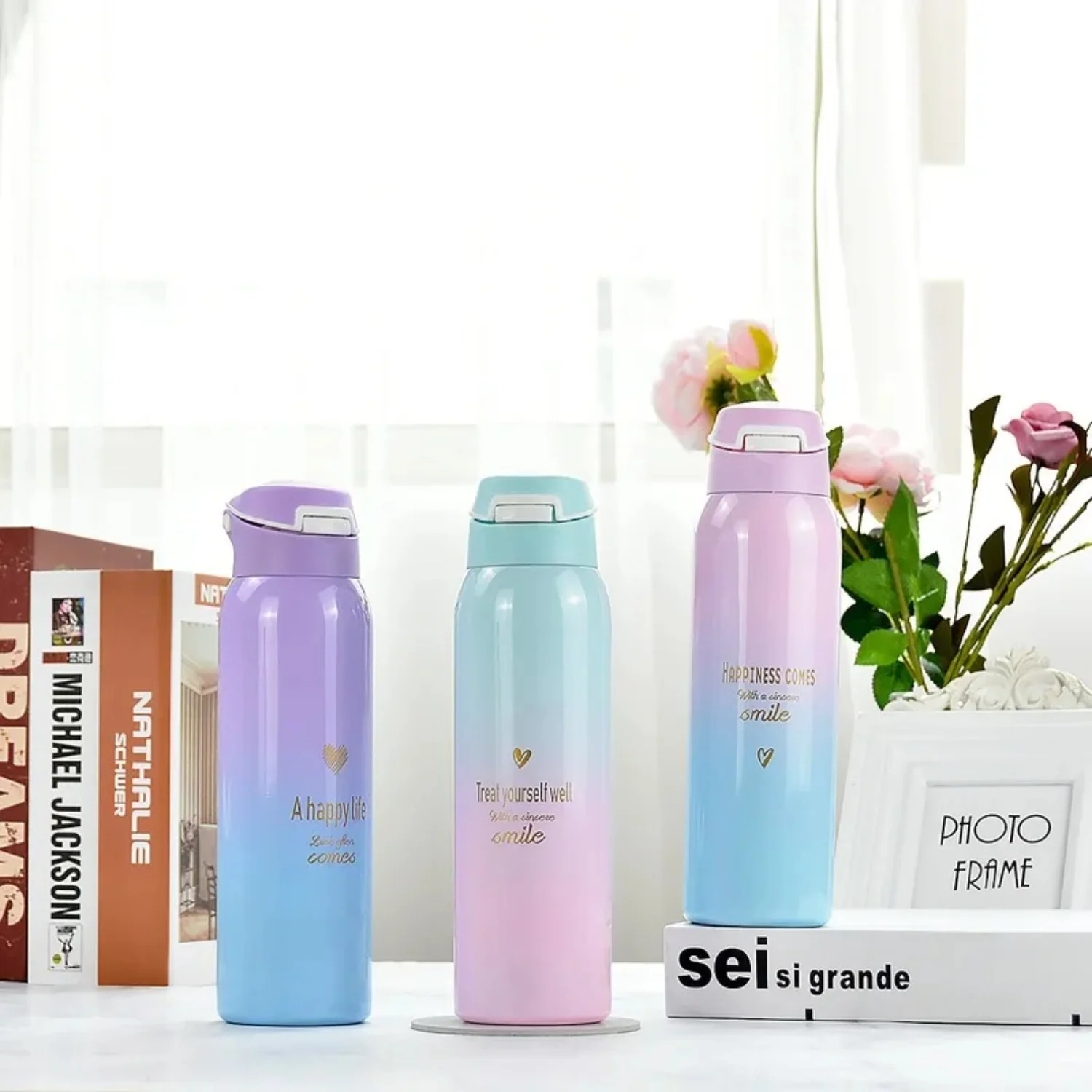 크리 에이 티브 버클 밀짚 보온병 컵 그라디언트 패션 야외 모션 스테인레스 스틸 진공 냉수 컵 병