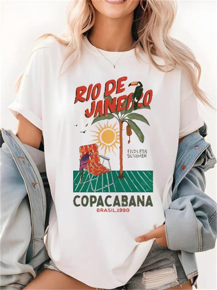 

Женская уличная повседневная белая футболка с круглым вырезом и принтом для отдыха и летнего отдыха, пляжная универсальная дорожная футболка с короткими рукавами