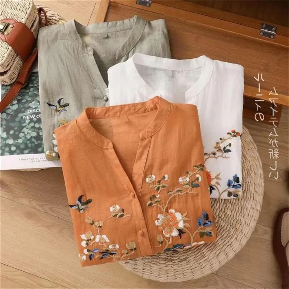 High-grade Cotton and Linen Jacket Women\'s Summer  Embroidered Cardigan Shirt new Chinese National Style Stitching Button Shirt