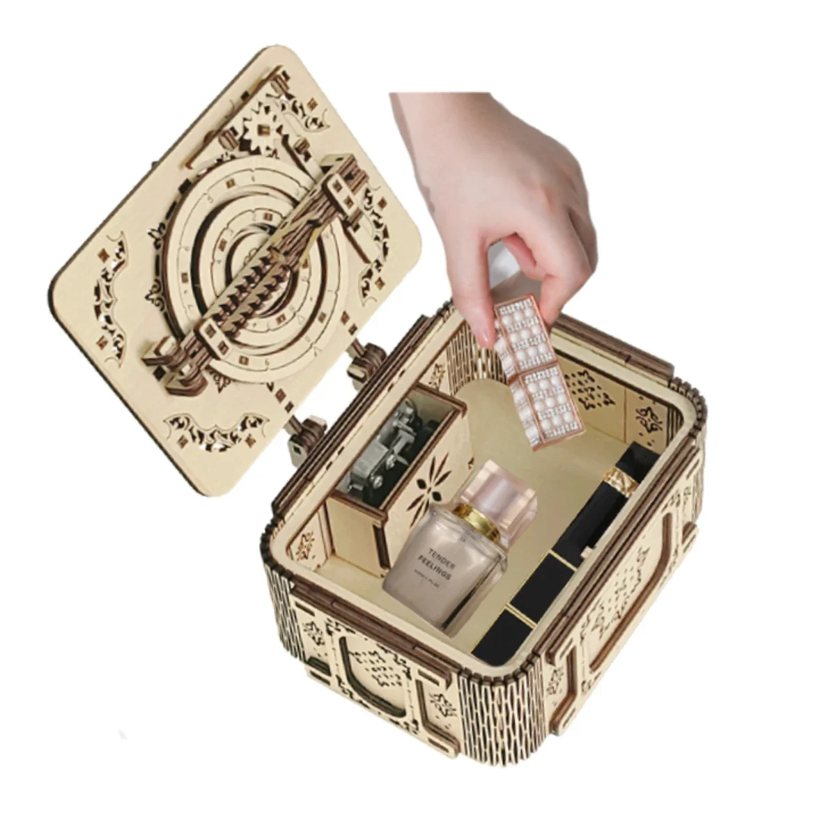 DIY Wooden Code Music Box Mechanical Puzzle Assemble Building Block Kits Treasure Lipstick Perfume Password Case for Teens Adult