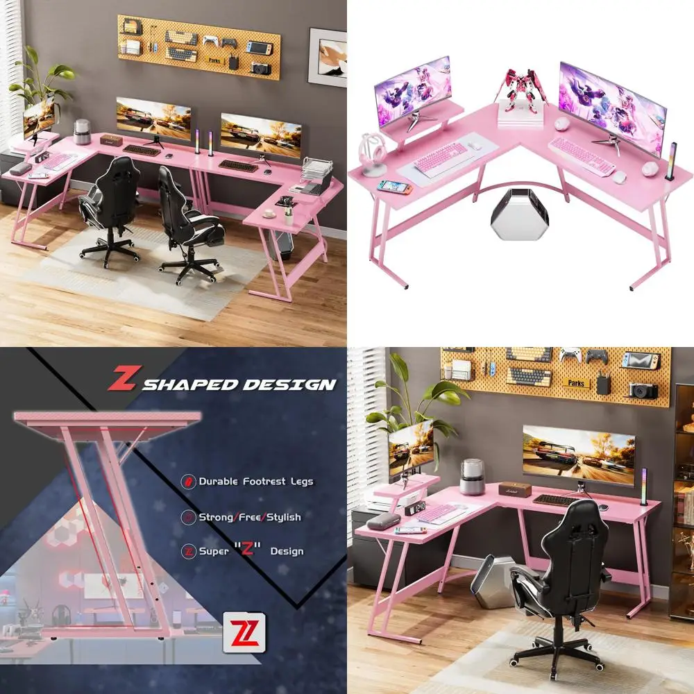

Pink L-Shaped Computer Desk with Large Monitor Stand for Gaming, Home Office, and Studying (51 Inch)