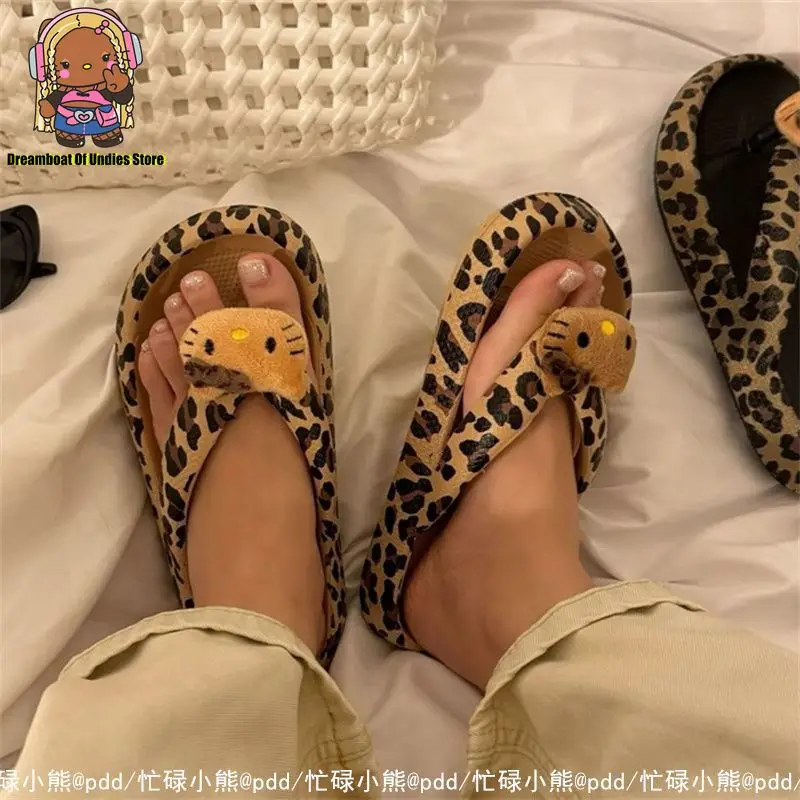 Kawaii Cute Black Skin Hello Kitty Flip Flops Leopard Print Slippers Kt Cat Summer Outside Cartoon Flat Bottom Beach Toe Sandals