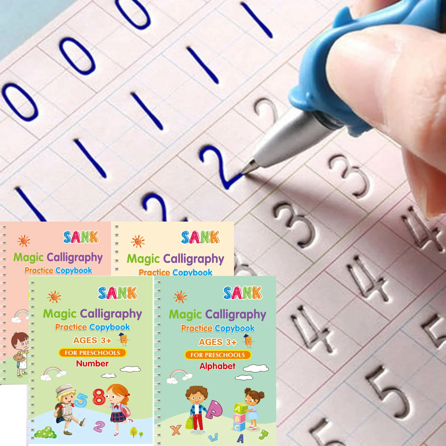 4pcs Sank Magic Practice Copybook Pen Preschools Kids Calligraphy English Verison Free Wiping Children Reusable Writing Book