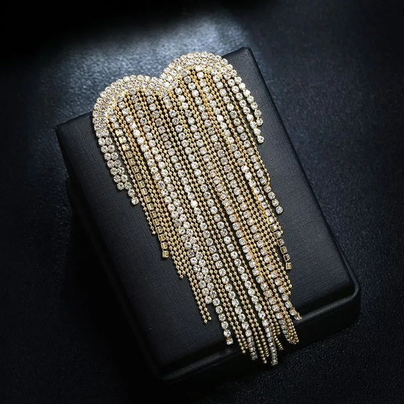 Shmik New Arrival Women Shiny Boutique Heart Design Long Tassel Crystal Badges Brooches Luxury Classic Party Banquet Dress Pins