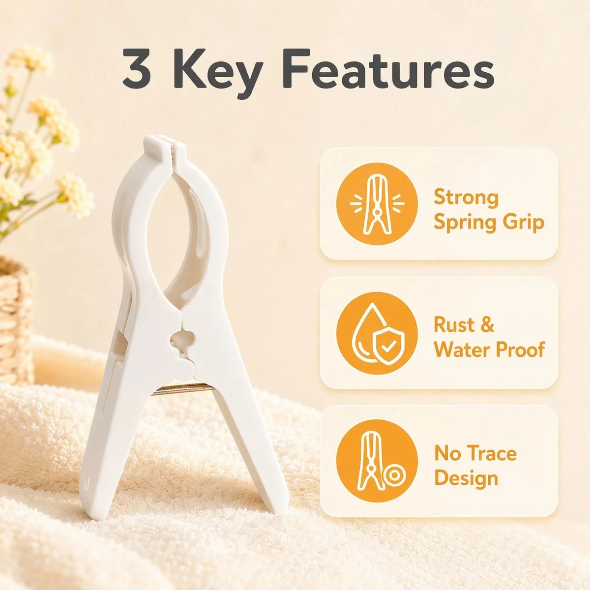 White Non-slip Plastic Laundry Clips, Strong Spring Grip PP Clothes Pegs for Home Dorm Outdoor Camping Curtain Fixing