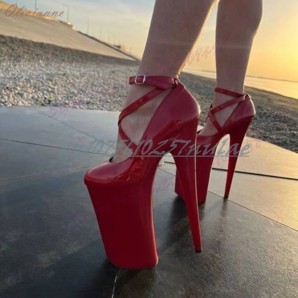 Big Red Shiny Leather Cross Tied Pumps Super High Heel 26cm Stiletto High Heel Women Dance Shoes Hot Girls Nightclub Para Mujere