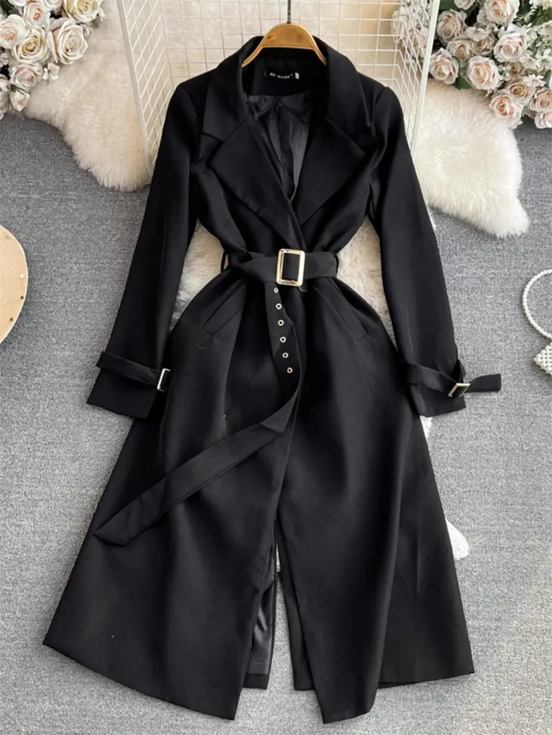 French Hepburn Style Long Sleeved Suit Collar Slim Split A-Line Trench Coat Dress For Women Elegant Long Windbreaker Robe K2585