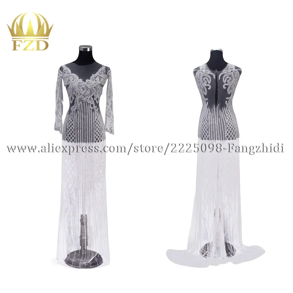 

FZD 1 Set Handmade Sewing Rhinestone Silver Beads Long Patches Crystal Appliques for Clothes Wedding Dress Evening Gown