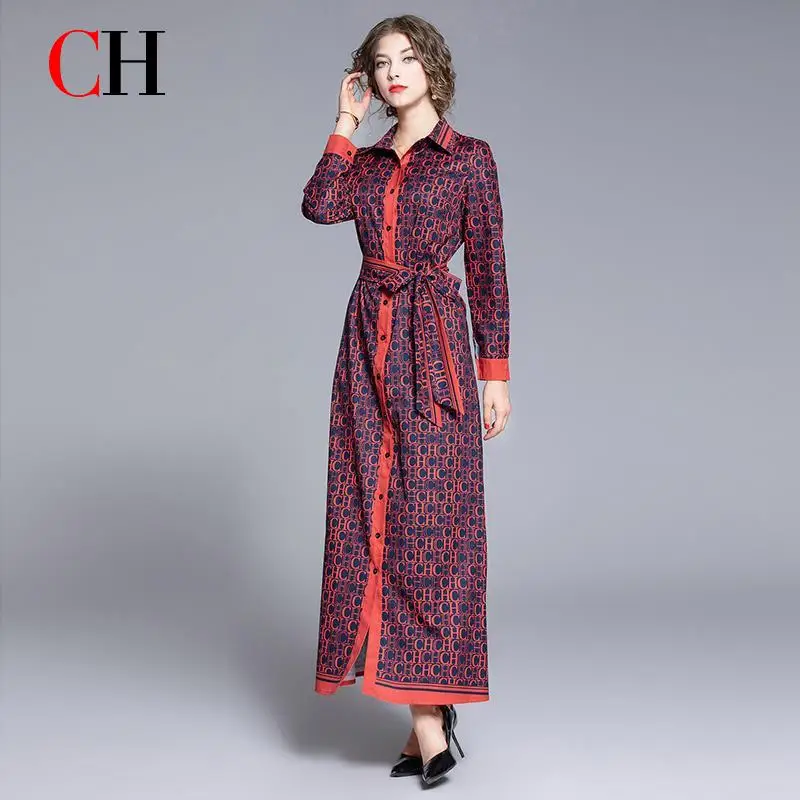 CH Monogram Print Long Sleeve Button Down Shirt Dress Belted Waist Contrast Trim Maxi Dress Elegant Fashion Office Wear ﻿ - view 2
