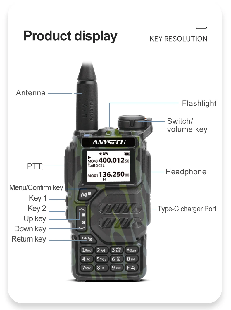 ANYSECU UV-K5 Cross-Band Intercom 136-174MHz/350-400MHz/400-470MHz with Wireless Radio Replication FM Radio Scrambler /DTMF