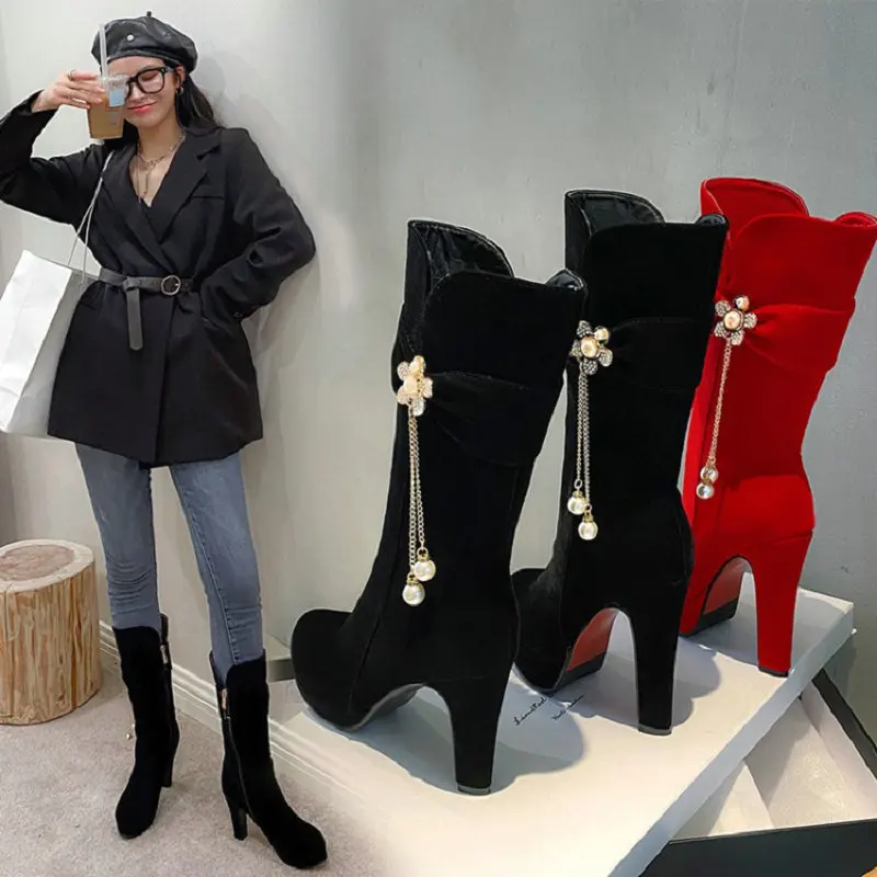 QPLYXCO-Bottines à Talons Hauts en Velours pour Femme, Bottes Mi-Mollet avec Perles, Décoration Pendentif, Optique Chic, Plateforme, Hiver