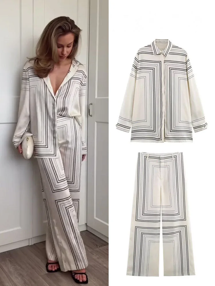 

HH 2025 Women Trouser Suit Turn-down Collar Long Sleeve Single-breasted Slim Print Shirt+High Waist Zipper Loose Long Pants