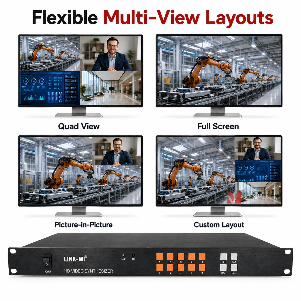 4x1 HDMI VGA CVBS 1080p HD Video Synthesizer USB Video Switcher Multi-Format Signal 4 IN 1 OUT HDMI Multiviwer for PC TV