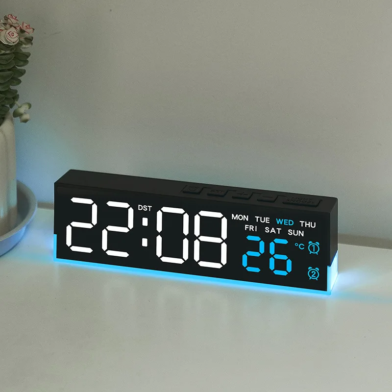 Digital Alarm Clock with Bottom Mood Light TEMP Week Date Dual Alarm 3 Levels Brightness Snooze DST Table Clock 12/24H LED Clock