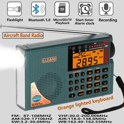 New ver v3.3 Shortwave Radio AIR/VHF/AM/FM/SW/WB Bands Transistor with Bluetooth/TF Card/Flashlight,MP3 Player, Digital Record